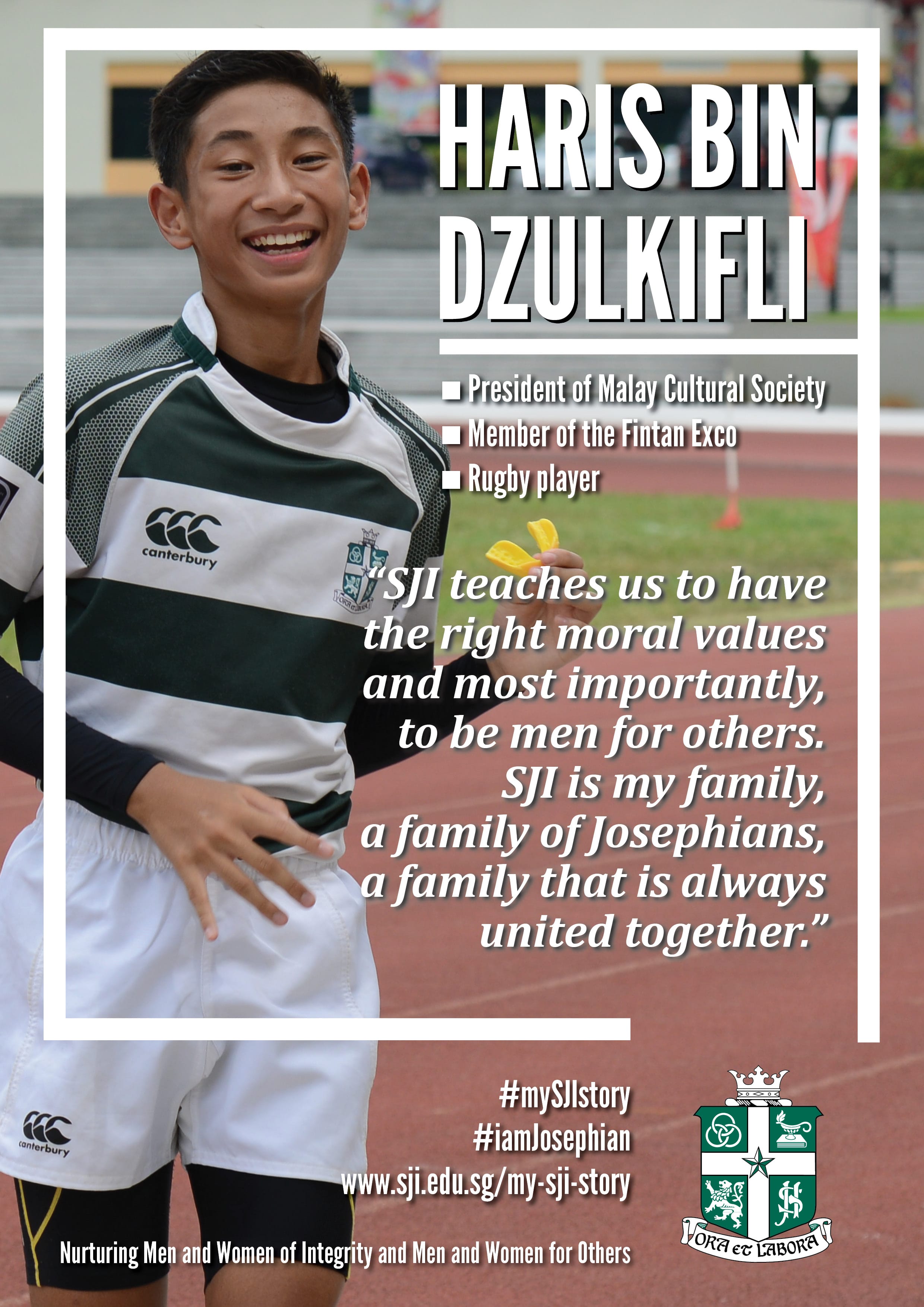 Smiling boy in a green Canterbury rugby jersey on a track, featured in an SJI school poster with a quote.